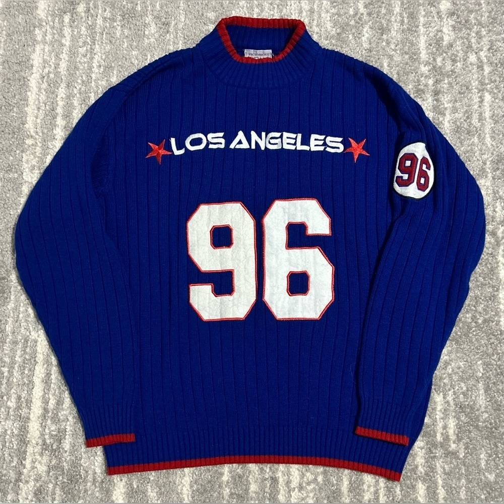 VTG Los Angeles Varsity Sweater Sz L Men Mock Neck 1996 Blue Sports Preppy Jock